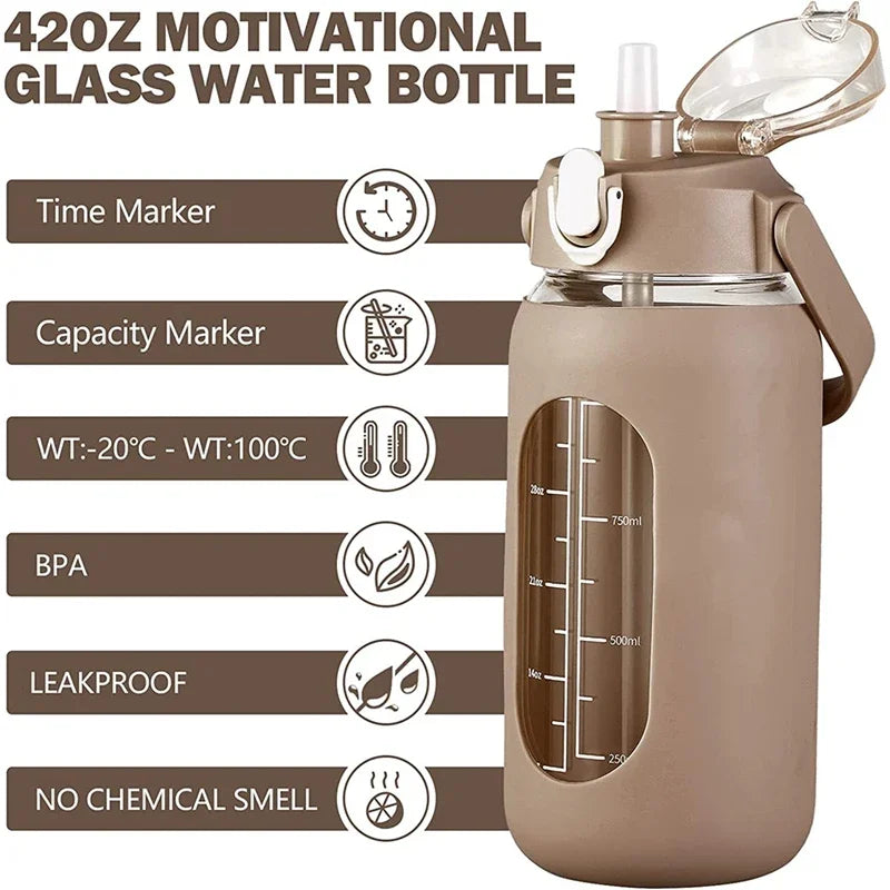 TimeSip Water Bottle with Time Markers and Straw | Eco-Friendly Glass