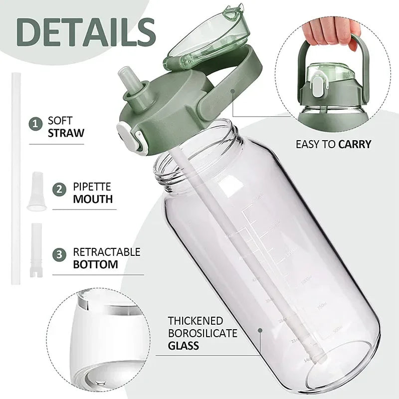 TimeSip Water Bottle with Time Markers and Straw | Eco-Friendly Glass