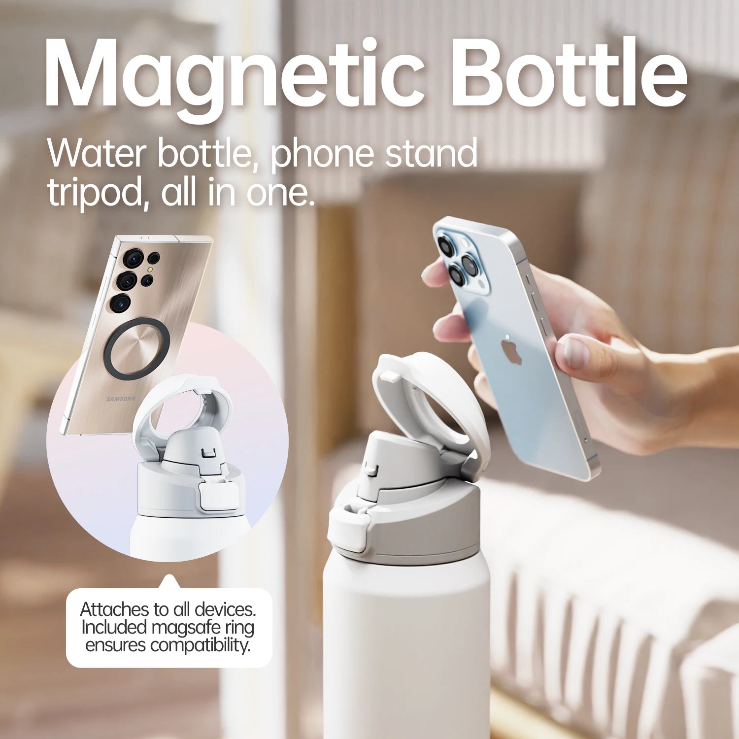 MagHydra Water Bottle with Phone Holder and Magnetic Lid | Insulated Stainless Steel
